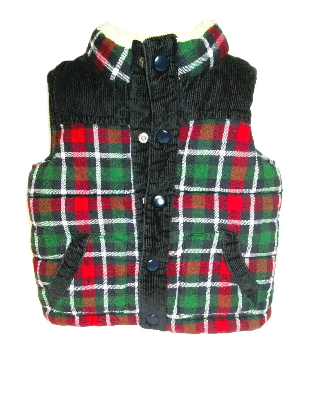 Gymboree Boy’s Red Green Plaid Puffer Vest Fleeced Lined Quilted Size 6-12 Mos